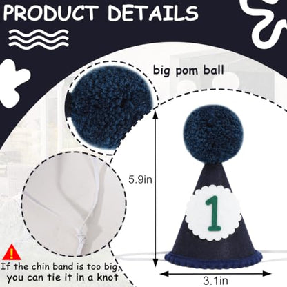 Baby Birthday Party Hat - Felt with Pom-Pom - Dark Blue, Ages 1-12