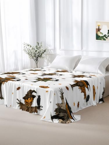 Halloween Twin Flat Sheet with Pumpkins & Crows - Orange, 66x96 inches, Soft Bedding