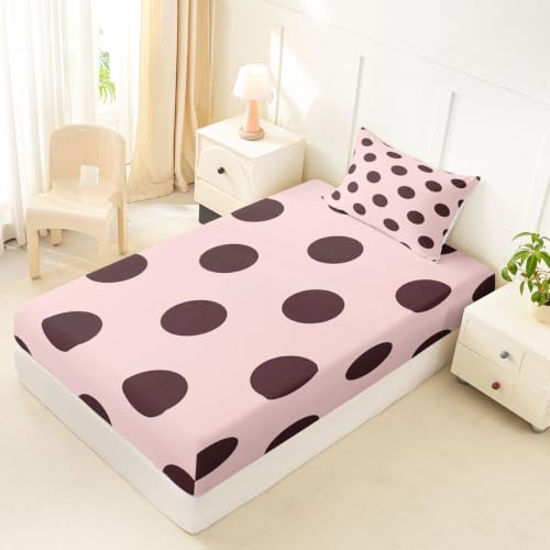 Pink Brown Polka Dot Fitted Bed Sheet Twin Size Breathable Microfiber - No Flat Sheet Included