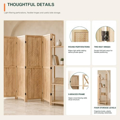 Pegboard Room Divider with Side Shelves - 4-Panel Display, Natural
