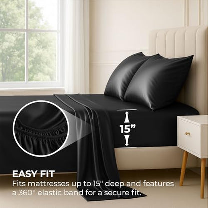 Pure Bedding Satin Sheets Queen [4-Piece, Black] Hotel Luxury Silky Bed Sheets - Extra Soft 1800 Microfiber Sheet Set, Wrinkle, Fade, Deep Pocket Fitted Sheet, Flat Sheet, Pillow Cases