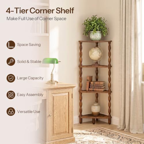 Corner Shelf Wooden 4-Tier Rustic Brown - Space Saving Corner Bookcase