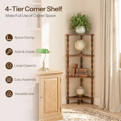 Corner Shelf Wooden 4-Tier Rustic Brown - Space Saving Corner Bookcase