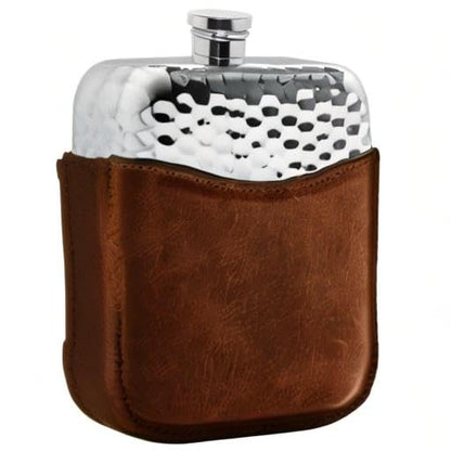 English Pewter Company 6oz Hammered Pewter Liquor Hip Flask with Luxury Brown Leather Pouch [PLF03]