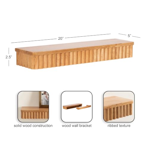 Natural Mango Wood Floating Shelves Set - Modern Ribbed Wall Decor