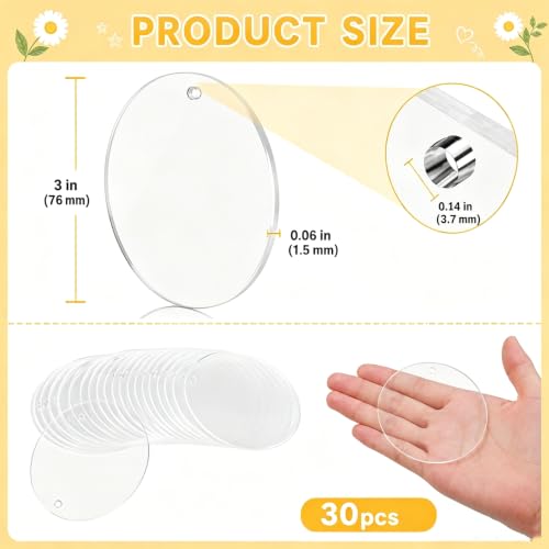 3 Inch Acrylic Keychain Blanks - Clear Round Discs with Hole - Pack of 30