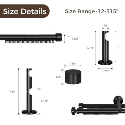 Heavy Duty Black Traverse Curtain Rod with End Cap Finial - Custom Length