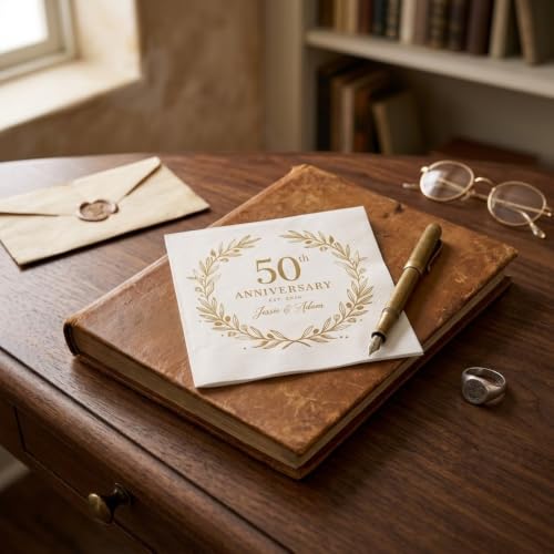 Personalized 50th Anniversary Napkins with Names and Date - Style 1 - Golden Wedding Party Decor