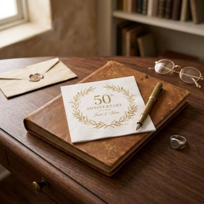 Personalized 50th Anniversary Napkins with Names and Date - Style 1 - Golden Wedding Party Decor