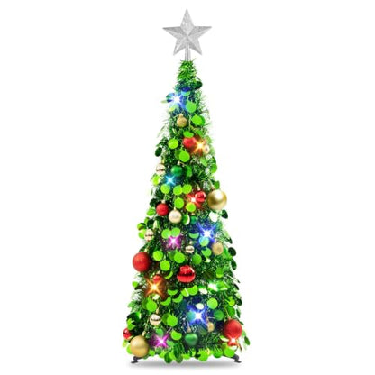 Green 3ft Collapsible Christmas Tree with Lights and Ornaments - Holiday Decor