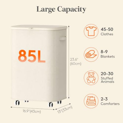 Large Laundry Basket with Wheels and Lid - 85L Capacity, White, Lifewit