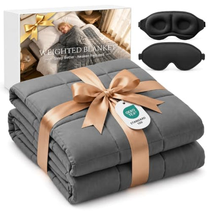 Weighted Blanket with Sleep Mask - Grey, 48 x 72 inches, 15 lbs, Twin Size, All-Season Breathable Comfort