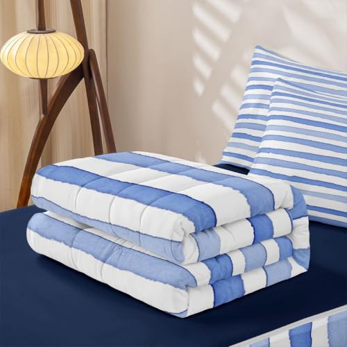Kids Zipper Bedding Set - Watercolor Stripe Twin with Comforter & Sheets - Navy Blue Variation