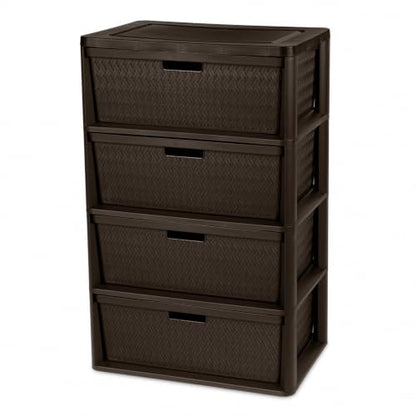 Wide Brown 4-Drawer Plastic Storage Tower with Cross-Weave Pattern - Clutter Organizer