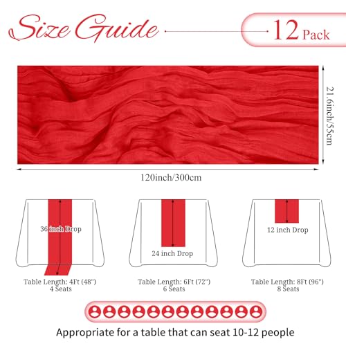 12 Pack Red Cheesecloth Table Runner 21.5x120 Inch - Elegant Wedding & Party Decor