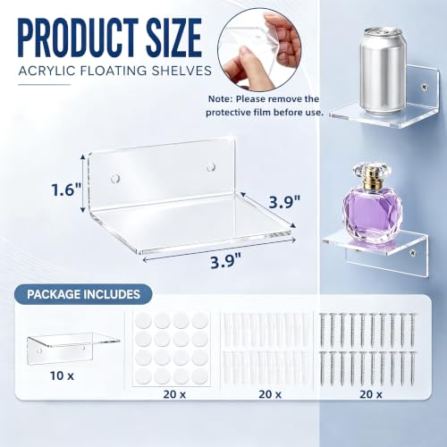 Acrylic Floating Wall Shelves Set - 10 Pack Modern Display Shelves