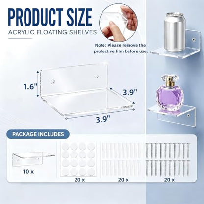 Acrylic Floating Wall Shelves Set - 10 Pack Modern Display Shelves