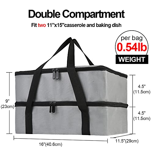 Bodaon Insulated Double Casserole Carrier Bag, Fits 9x13 and 11x15 Inch Baking Dish with Lid, Casserole Carriers for Hot or Cold Food for Transport (Grey)