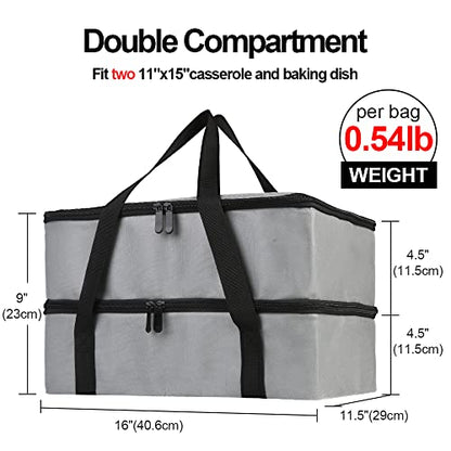 Bodaon Insulated Double Casserole Carrier Bag, Fits 9x13 and 11x15 Inch Baking Dish with Lid, Casserole Carriers for Hot or Cold Food for Transport (Grey)