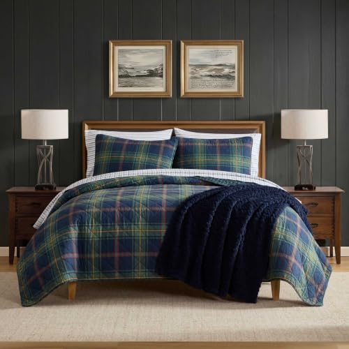 Queen Quilt Set with Shams - Reversible Plaid Cotton Bedding - Preston Plaid Blue