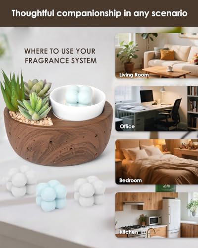 LUXARAPY Ceramic Wax Melt Warmer with Japanese Design, 4-in-1 Electric Oil Diffuser, Succulent Bowl, Brown Wood Grain