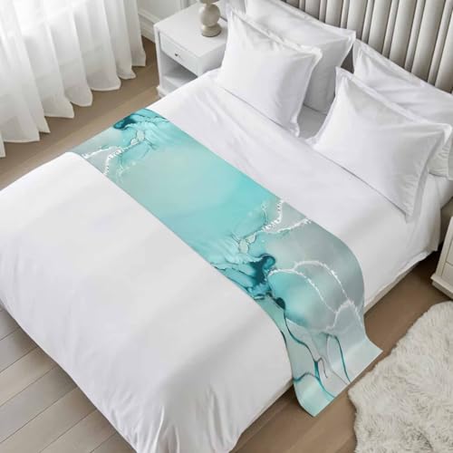 Twin Bed Aqua Marble Bed Runner - Decorative Fluid Art Bed Scarf 71x20in - CosyBright