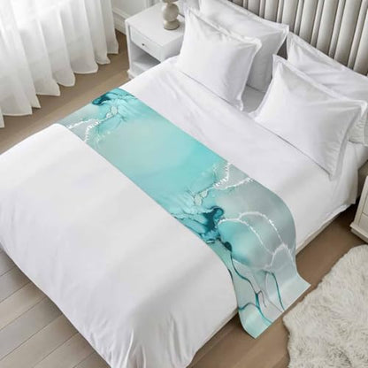 Twin Bed Aqua Marble Bed Runner - Decorative Fluid Art Bed Scarf 71x20in - CosyBright