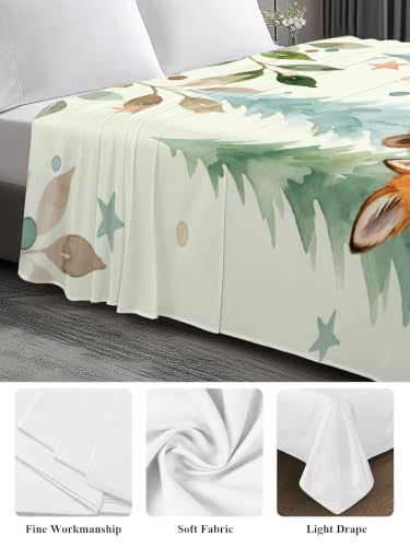 Green Twin XL Flat Sheet - Summer Forests Bear Fox Raccoon Microfiber Bedding