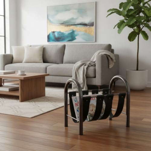 Magazine Storage Rack Holder with Metal Frame and Leather Straps for Study Living Room Office