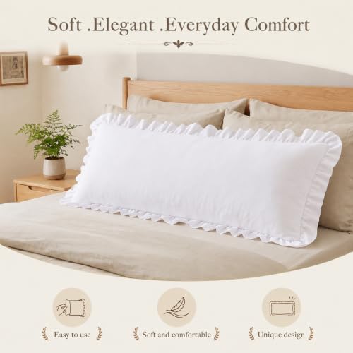 White Body Pillow Cover 20 x 54 Inches Ruffled Cotton Pillowcase - Pack of 2
