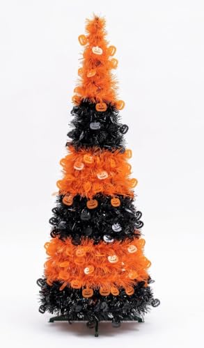 5ft Collapsible Halloween Tinsel Tree Black and Orange Reusable Pop-Up Decor