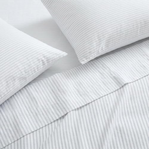 Queen Cotton Flannel Sheet Set with Deep Pocket Fitted & Pillowcases - Ticking Stripe Blue