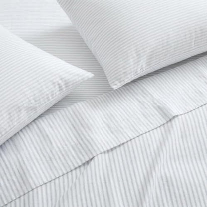 Queen Cotton Flannel Sheet Set with Deep Pocket Fitted & Pillowcases - Ticking Stripe Blue