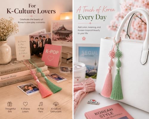 Korean Norigae Tassels Set - Pink & Sage Green Decorative Hanging Ornaments