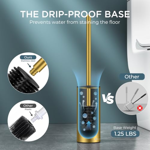 Gold Stainless Steel Toilet Brush & Holder Set - Extra Long Handle