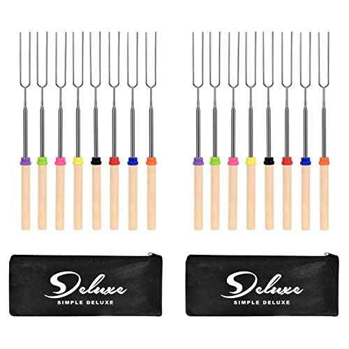 Simple Deluxe 16 Pcs 32 inch Marshmallow Roasting Sticks Extendable Design - Stainless Steel Smores Skewers For Camping, Bonfire, Fireplace, Retractible Sticks with Wooden Handle