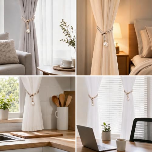 GhHome Pearl Curtain Tiebacks Set of 4 - Beige Rope Holders No Drilling