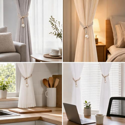 GhHome Pearl Curtain Tiebacks Set of 4 - Beige Rope Holders No Drilling