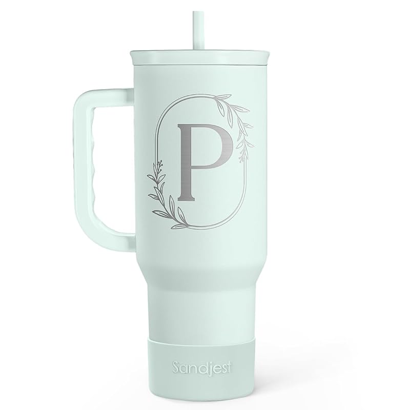Personalized Monogram Tumbler with Handle - 40oz (Letter P) Insulated Travel Cup
