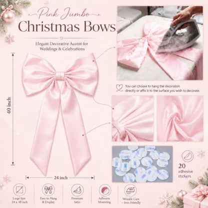 Christmas Pink Bow Garland with Pearl Beads for Outdoor Decor - 3 Pieces
