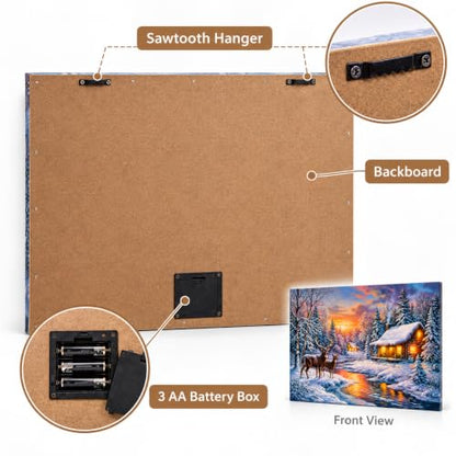 Sunset Gold Deer Cabin Christmas Canvas Wall Art 24x18 with Glitter & Timer