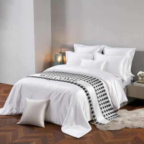 Queen Size Satin Bed Runner Scarf 83x20 Inches - Black White Buffalo Check