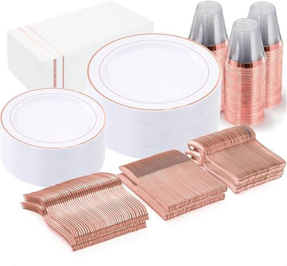 50 Guest White Rose Gold Plastic Plates Party Supplies for Wedding & Birthday
