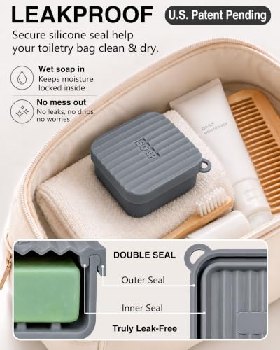 Travel Soap Case Leakproof Silicone Square Soap Holder - Dark Gray