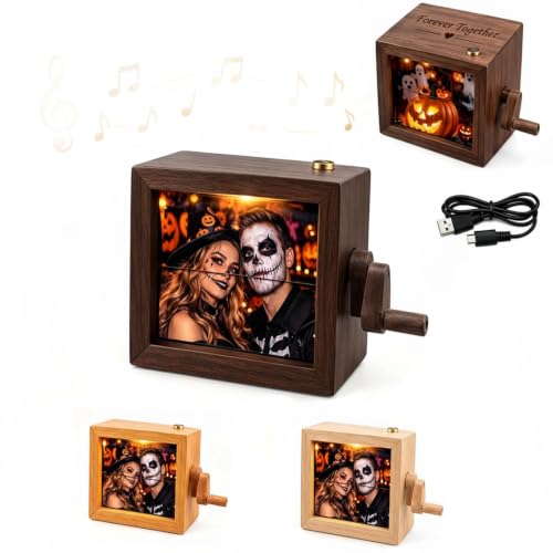 Custom Photo Flip Box with Wooden Frame, LED Light & Music - Personalized Keepsake