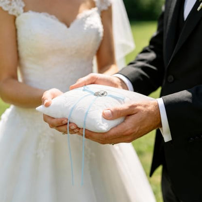 Wedding Ring Pillow with Blue Bow & Lace - 7.9 x 7.9 Inch