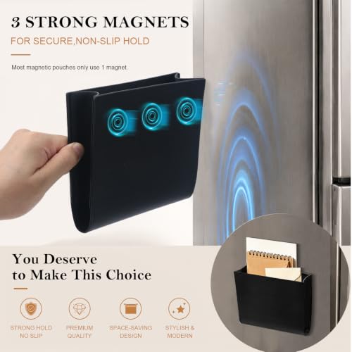Magnetic Leather Mail Holder for Refrigerator Wall Organizer - Black PU
