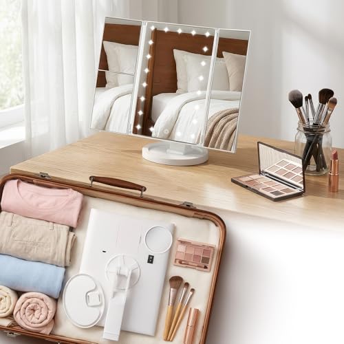 White Lighted Makeup Mirror with LED Lights, Trifold Vanity with 1X/2X/3X/10X Magnification, Touch Control, Portable Travel Cosmetic Mirror