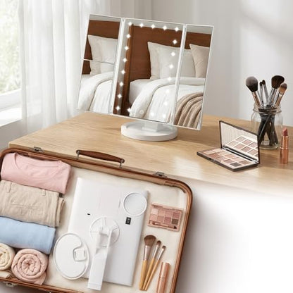 White Lighted Makeup Mirror with LED Lights, Trifold Vanity with 1X/2X/3X/10X Magnification, Touch Control, Portable Travel Cosmetic Mirror
