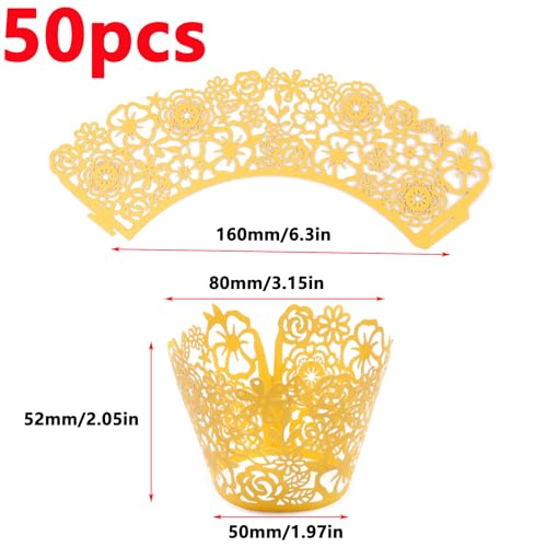 Gold Lace Cupcake Liners, Wedding & Party Baking Wrappers - 50Pcs